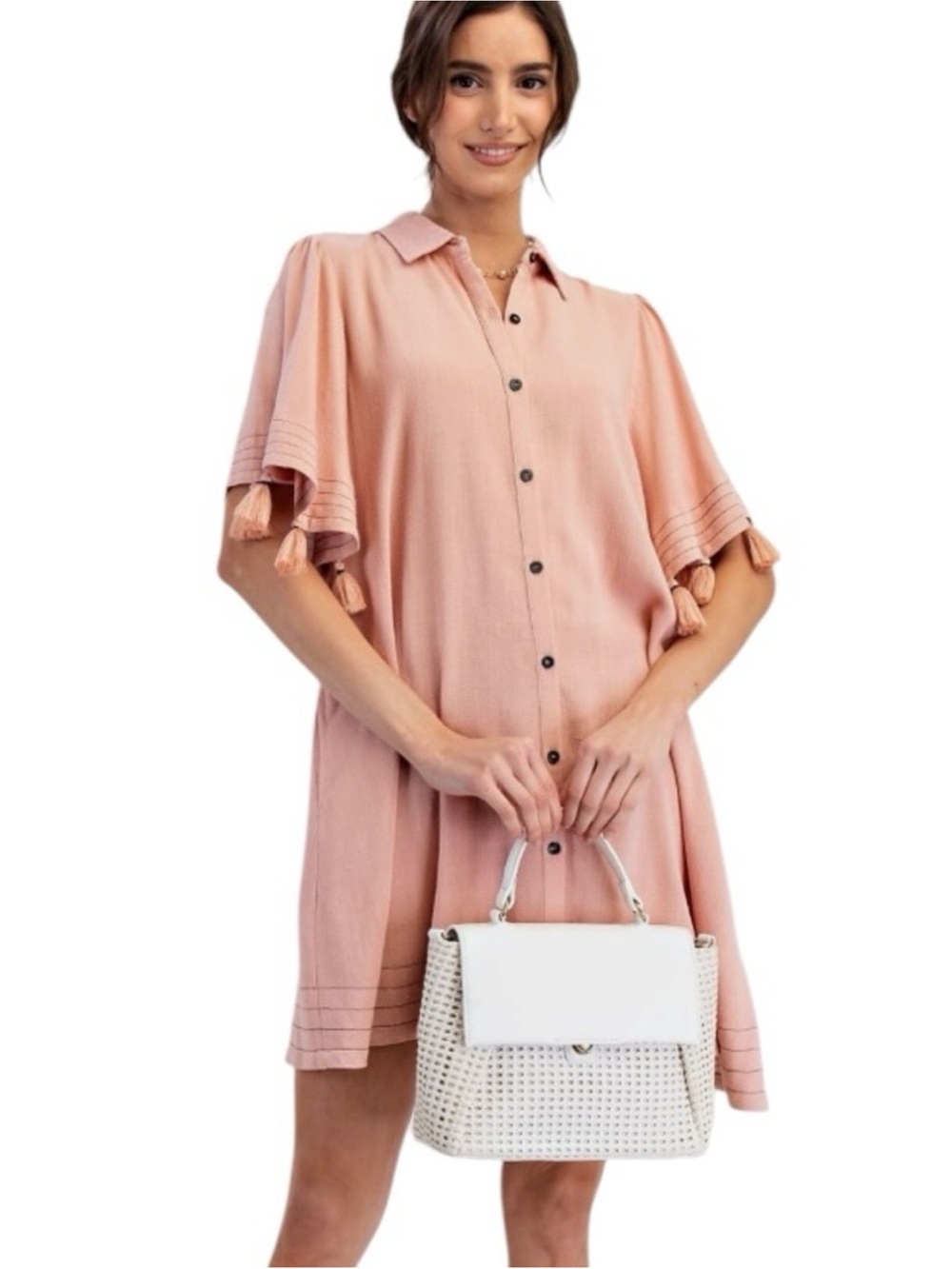 Easel NWT Antique Rose Button-Front Tassel Sleeve Dress